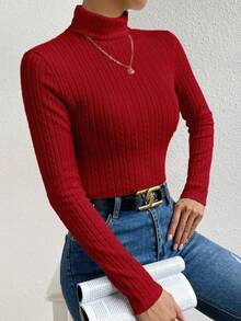 RosyDaze Kaos Wanita Lengan Panjang Kerah Tinggi Minimalis Warna Polos, Pakaian Sehari-hari - Merah - View 6