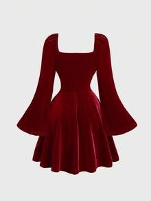 SHEIN Serisse Kids Tween Girl's Elegant Velvet Sweetheart Collar Ruched Flare Sleeve Cinched Waist Wine Red Dress, Suitable For Weekend, Casual Outing, Graduation Dance,  Velvet Dress, Long Sleeve Velvet Dress,  Burgundy Velvet Dress - Burgundy - View 6