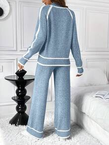SHEIN LUNE 2件套女士休闲宽松撞色毛衣套装 - 淺藍色 - 查看 2