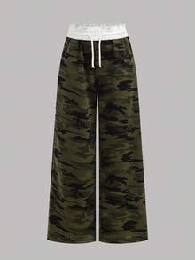 SHEIN Tween Girls Camouflage Knit Sweatpants, Fashionable Wide Leg Streetwear Casual Pants, Versatile Snug Fit Low Waist Elastic Waistband Loose Wide Leg Sweatpants, Color Block, Back To School Season - Multicolor - View 7