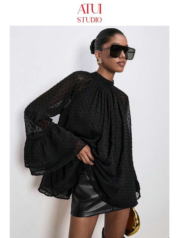 ATUI Studio Rüschenärmel Spitze Langarm Bluse für Frauen, elegantes vintage romantisches Stickerei Detail, Rüschenärmel Polka Dot Langarm Hemd, Herbst/Winter Damenbekleidung, Herbst Oberteile, Damen Business Lässig Outfit, Hochzeitsgast Kleid