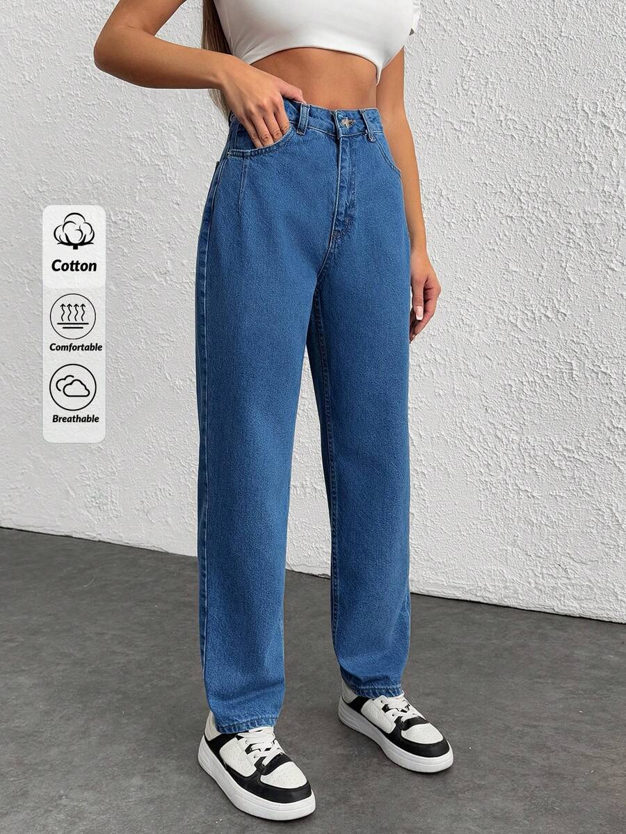 EURMUSE 100%Cotton Snow Washed Cropped Mom Fit Jeans - Medium Wash - View 1