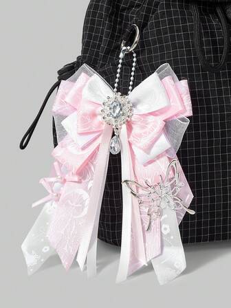 Anime 1 pezzo Portachiavi fatto a mano con stampa kawaii dolce e carina di fiocco, luna e cristalli in rosa e bianco, adatto per stile preppy e lolita, può essere appeso a borse e pantaloni