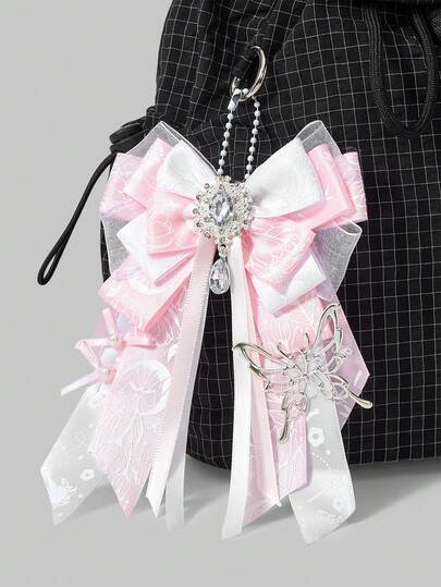 Anime 1 قطعة قلادة مفتاح مصنوعة يدويًا بطبعة القمر البلورية ذات الفيونكة الحلوة والكيوت باللونين الوردي والأبيض، مناسبة للأسلوب البريبي والأسلوب اللوليتا، ويمكن تعليقها على الحقائب والبنطلونات