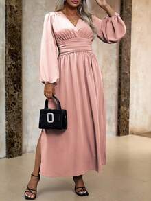 Roveilla Đầm Maxi xẻ tà xếp ly cao cỡ lớn cho nữ - Bụi hồng - Xem 4