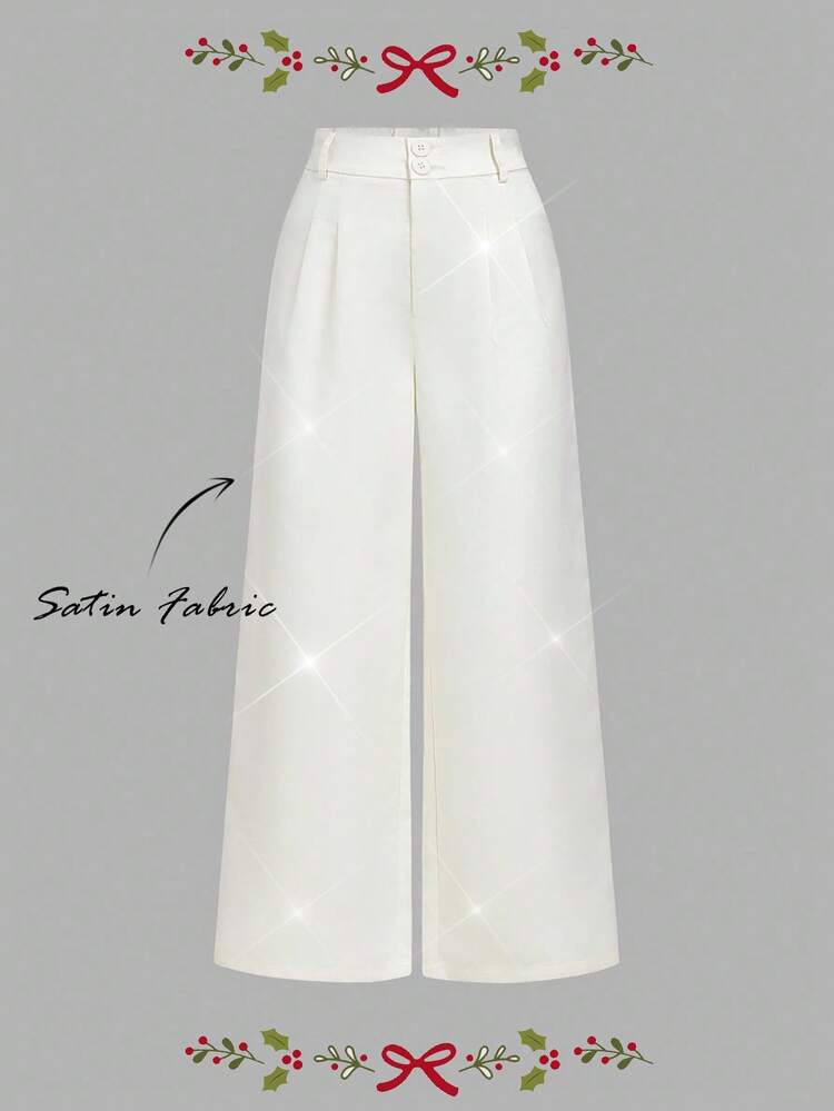 SHEIN MOD 杏色高腰缎面阔腿宽松女裤，时尚女裤，白色长裤，冬季女装，圣诞派对服装，新年服装，感恩节服装，优雅服装，派对服装，舞会服装，优雅派对礼服，新年夜 - 杏色 - 查看 5