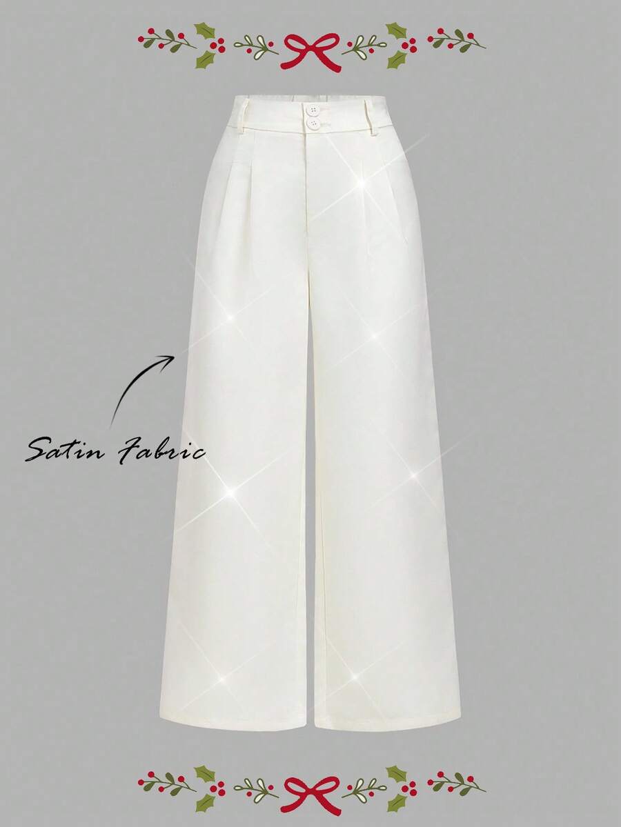 SHEIN MOD Apricot High Waist Satin Pleated Wide Leg Loose Pants For Women,Fall/Winter Women's Clothing, Christmas Clothes,New Year Clothes,Party Clothes,Thanksgiving Clothes,Elegant Outfits,Party Outfits,Prom Outfits,White Pants