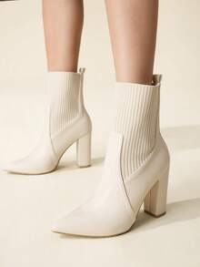 CUCCOO BASICS 女士尖头粗跟米色时尚优雅通勤简约日常百搭针织中筒踝靴 - 米色 - 查看 3