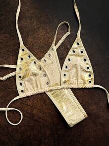 Swim SXY 新款闪亮镂空性感系带超细丁字裤比基尼套装，亮丽纯色，适合派对、春夏穿着 - 杏色 - 查看 6