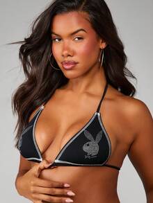 Missguided x Playboy Rhinestone Bunny Triangle Bralette And Matching Shorts Two Piece Set With Contrast Stitching Details - Black - View 7