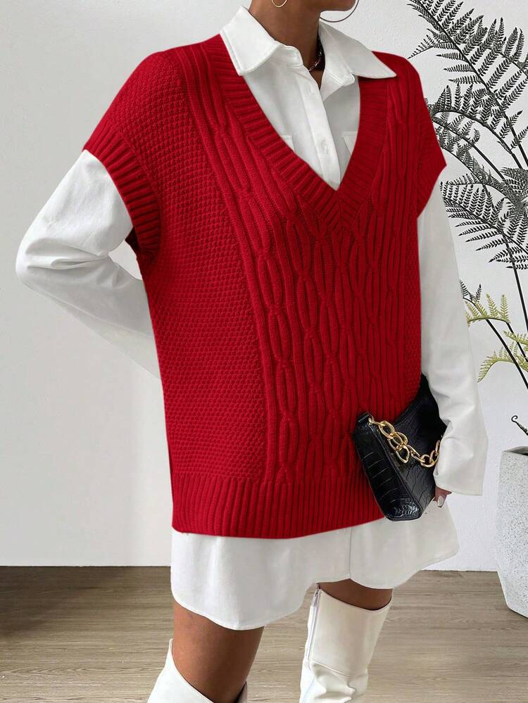 Chiquease Women's Casual V-Neck Solid Color Sweater Vest, Autumn - Red - View 4