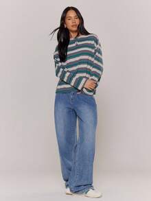 MUSERA 长袖条纹四分之一扣宽松T恤，秋季复古乡村风休闲居家上衣，女款，奶油糖色，假日春夏 - 彩色 - 查看 2