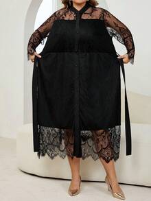 SHEIN CURVE+ 秋冬季优雅职场黑色针织蕾丝立领喇叭形撞色蕾丝长袖大码连衣裙 - 黑色 - 查看 9