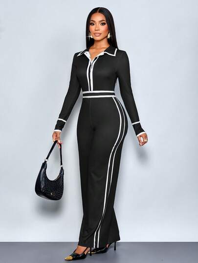 SOLERSUN Mono de punto de manga larga con pierna ancha, de uso diario elegante y casual, con bloques de color, detalles de botones y ribetes en contraste, para mujer, ropa de invierno y otoño