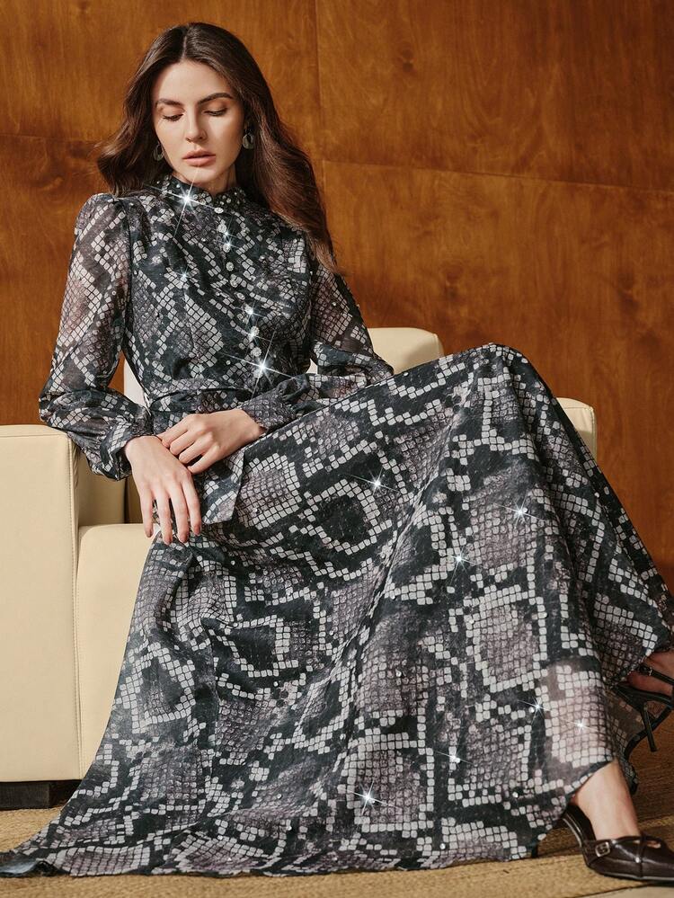 Vestido camisero con estampado de piel de serpiente y cinturón anudado, vestido formal largo para mujer, adecuado para otoño/invierno, primavera, Año Nuevo, fiestas, bodas, elegante, chic, estiloso, casual de negocios
