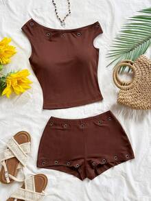 SHEIN x Eduarda Gutierrez Soleia 女士春夏度假两件套：红白条纹针织不对称露肩短款上衣和超低腰紧身短裤，适合派对、圣诞节、情人节、约会、海滩、邮轮、嘉年华、复活节、中国新年等场合。 - 棕色 - 查看 5