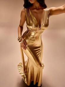 Radiana 优雅奢华金色美人鱼礼服，性感露背晚礼服，闪亮迷人派对礼服，适合晚宴、舞会、婚礼宾客、伴娘、鸡尾酒会、新年、圣诞节等场合，金属弹力面料完美贴合曲线。 - 金色 - 查看 4