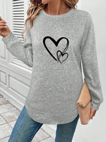 SHEIN LUNE Áo sweatshirt nữ cổ tròn, dáng bất đối xứng, lót giữ nhiệt, thoải mái, họa tiết trái tim, đa năng và thanh lịch, phù hợp mặc ngoài trời, phong cách thu đông, thường ngày. - Xám - Xem 3