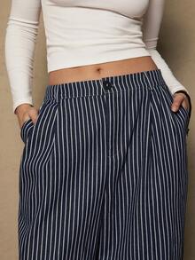 SHEIN VCAY Plus Size Striped Casual Pants Stripe Pants Women Wide Leg Pants Western - Blue and White - View 7