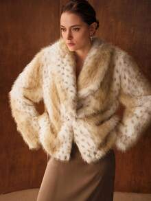MOTF PREMIUM SHAWL COLLAR CASUAL DEER DOT PATTERN ELEGANT WOMEN FAUX FUR COAT - Khaki - View 6