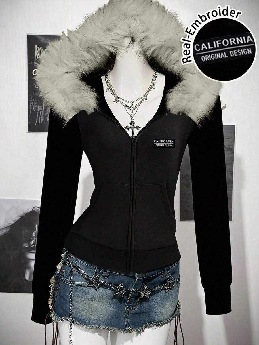 SHEIN ICON Áo khoác hoodie cổ lông phong cách thể thao cổ điển giản dị thêu chữ trang trí cho nữ, phù hợp cho mùa thu/đông, phong cách Punk, đua xe, đa năng - màu đen - Xem 1