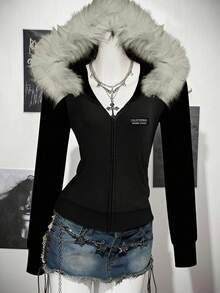 SHEIN ICON Áo khoác hoodie cổ lông phong cách thể thao cổ điển giản dị thêu chữ trang trí cho nữ, phù hợp cho mùa thu/đông, phong cách Punk, đua xe, đa năng - màu đen - Xem 4