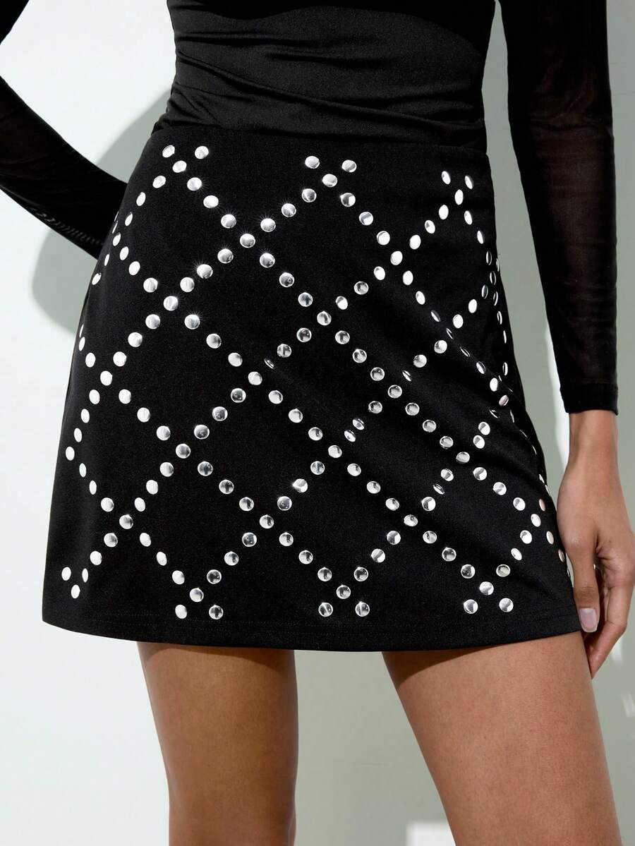 Maija Black Rhinestone Rhombus Pattern Skirt, Suitable For Urban Party And Gathering Party Dresses Stylish Clothing Collection Sparkly Dress Sequin Black Mini Skirt  Sexy Dress Sequin Skirt - Black - View 1