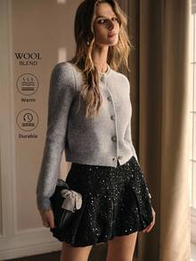 MOTF PREMIUM 优雅日常水钻针织开衫，秋冬 - 灰色 - 查看 2