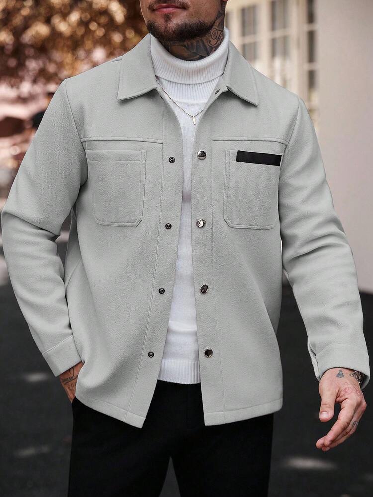 Manfinity CasualCool Men Solid Color Casual Long Sleeve Overcoat, Suitable For Autumn And Winter Overcoat Men Summer Overcoat Grey Button Up Overcoat - Light Grey - View 6