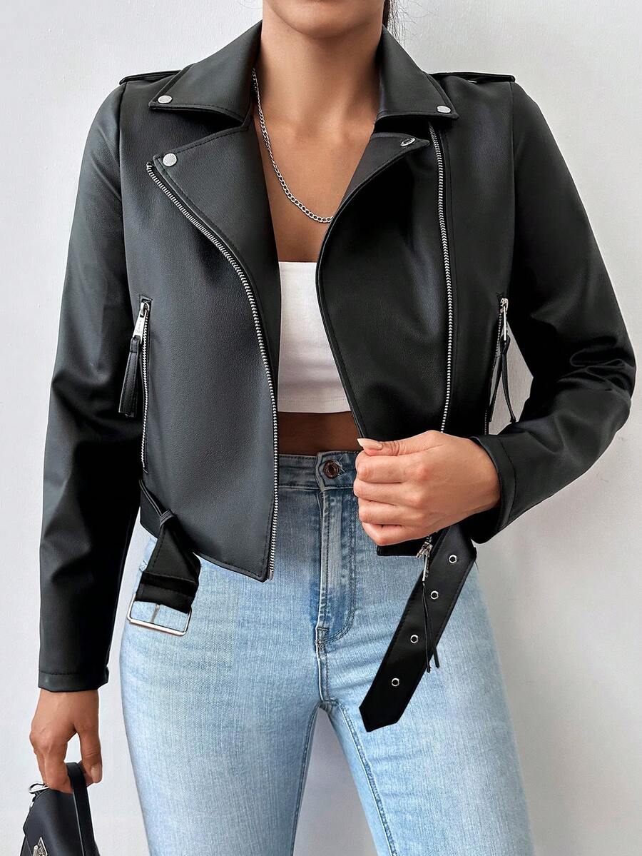 SHEIN Cottnline Women's Fashionable Belted Cropped Jacket, Autumn - Black - View 1