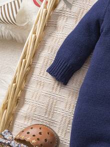 SHEIN Baby Girl Blue Knitted Sweater Jumpsuit With Embroidered And Bow Decorations And Patterns. For Spring, Autumn And Winter. - Royal Blue - View 7