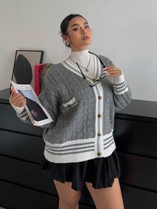 SHEIN CURVE+ Áo len cardigan cỡ lớn cho nữ, phong cách đại học mới cho mùa thu/đông - Xám - Xem 7