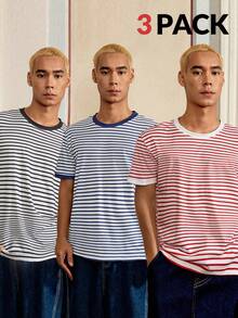 SWAVVY Men's Striped Print Crew Neck Casual Versatile Summer Short Sleeve T-Shirt - Multicolor - View 1