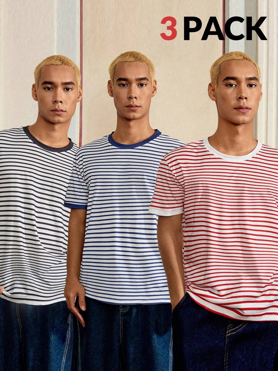 SWAVVY Men's Striped Print Crew Neck Casual Versatile Summer Short Sleeve T-Shirt - Multicolor - View 1