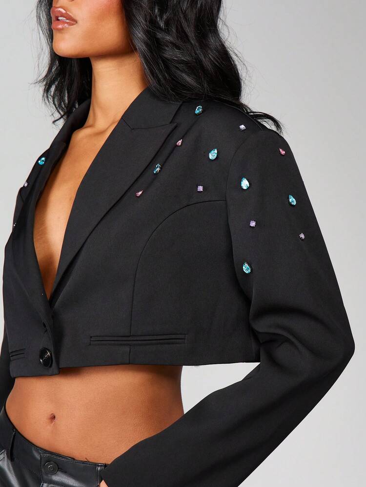 MISSGUIDED Blazer corto con dettagli di gioielli, manica lunga, chiusura con bottoni, giacca formale per l'ufficio