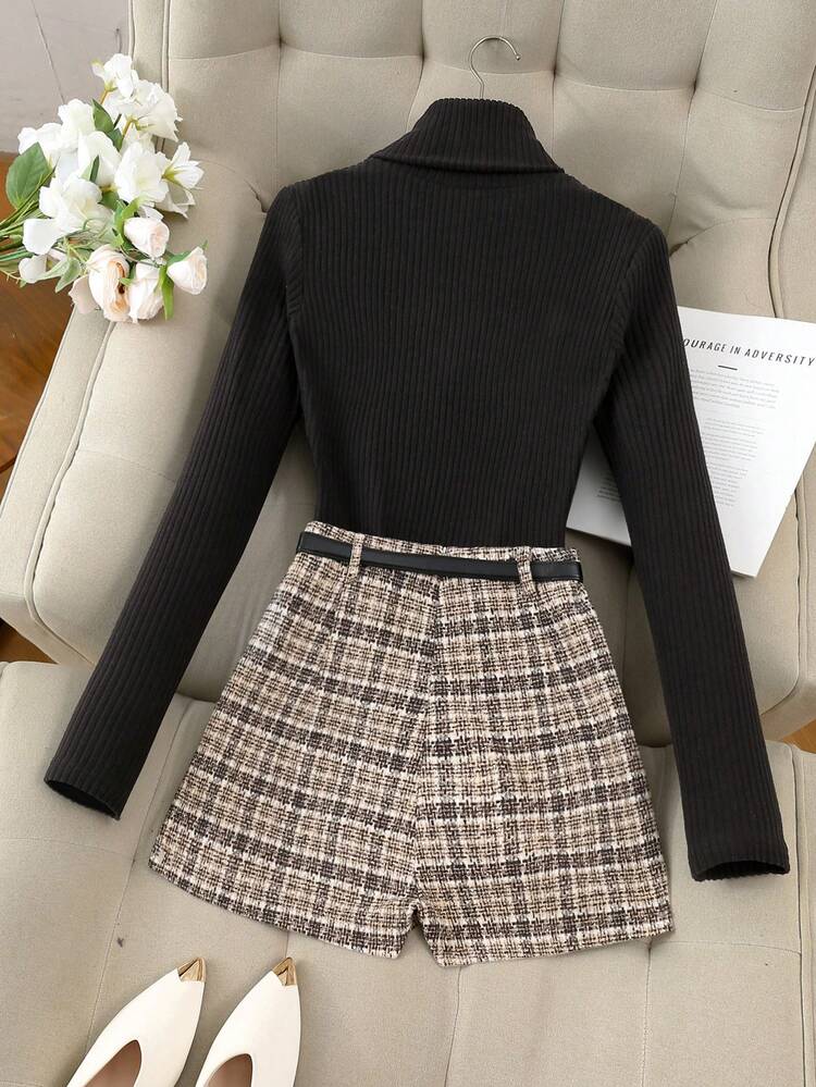 SHEIN Franclia 2件套 女士罗纹针织上衣+系带半身裙裤套装 - 黑色 - 查看 2