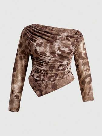 Top pour femmes grande taille vintage à imprimé léopard, épaule asymétrique et ourlet asymétrique sexy