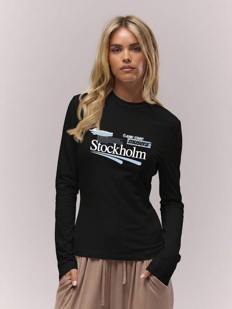 MUSERA Long Sleeve Fitted Graphic Crew Neck Top Old Money Cute Country Cottage Core Clean Girl Winter Casual Lounge For Women Butterscotch Spring Summer - Black - View 1