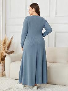 Lacomfia Gaun Kasual Maxi Rajut Jacquard Warna Polos Lengan Panjang Ukuran Besar - Dusty Blue - View 2