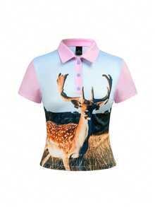 Shutterstock Y2Kool Multicolor Blue & Pink Contrast Deer Meadow Nature Christmas Y2K Casual Street Chic Women Polo Neck Fitted Cropped Short Sleeve T-Shirt, Suitable For Autumn/Winter Parties, Holidays, Christmas, Daily Wear - Multicolor - View 5