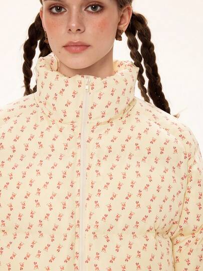 Kawaii Women's Minimalist Print Stand Collar Long Sleeve Padded Coat