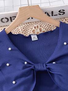 SHEIN 2 件套青少年女孩优雅盖袖串珠上衣和花卉印花连衣裙（配腰带），适合春夏季、假日、夏季、旅行 - 藍色 - 查看 3