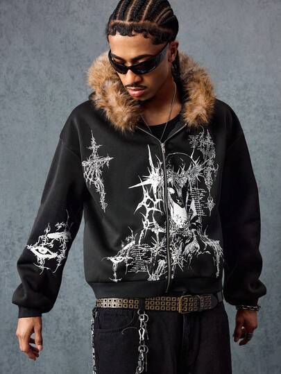 Street Life Sweat-shirt à capuche avec col en fourrure, personnage d'anime pour hommes