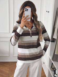 Louniche 长袖V领纽扣装饰休闲多色条纹女式T恤图案T恤女式春秋季上衣女装 - 咖啡棕 - 查看 5