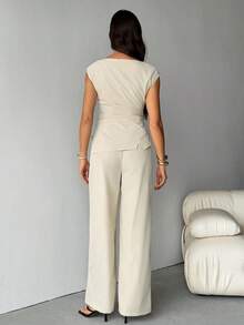 SHEIN Tall 极简通勤办公穿搭，新款春夏船领泡泡袖收腰女式衬衫+高腰超长阔腿女式长裤，高个版