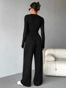 SHEIN Tall 2pcs Black Fitted Embroidered Knit Homewear Set For Women, Summer - Black - View 2