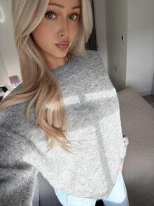 DAZY Pulover elegant tricotat cu imprimeu floral din șifon, cu guler rotund, spate fără fundă, mânecă lungă, casual, elegant, toamnă/iarnă