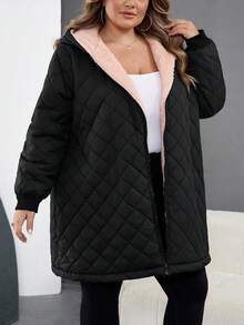 SHEIN CURVE+ Áo khoác dài tay có mũ trùm đầu màu đen và hồng tương phản hàng ngày dành cho nữ cỡ lớn, lót nhiệt dày, thoải mái, trang phục mùa đông cho nữ, áo khoác ngoài cổ điển - màu đen - Xem 5