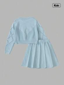 Sweetra Conjunto de 2 piezas de punto para niñas preadolescentes, suéter con decoración de moño 3D y falda plisada, conjunto de invierno lindo y elegante