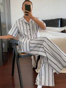 DAZY 女士休闲条纹撞色纽扣睡衣套装 - 灰色 - 查看 3